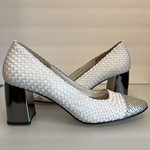 Pons Quintana White and Silver Woven‎ Leather Mirrored Heel Shoes Size 38.5/8 US